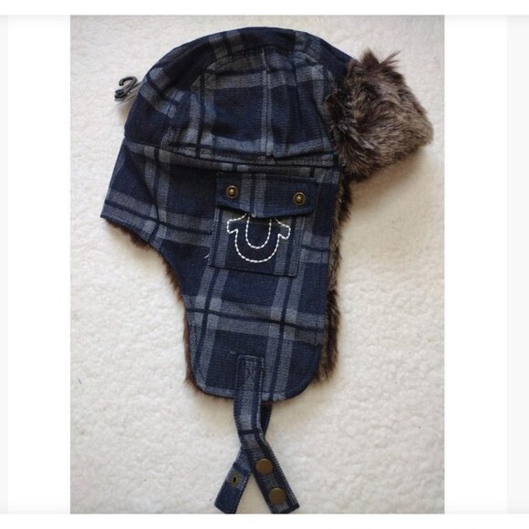 New True Religion Blue Denim Trapper Hat with Faux Fur - Picture 2 of 4